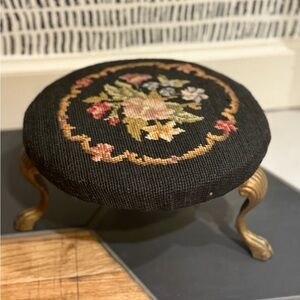 Antique Floral Needlepoint Stool with Clawfeet Vintage Nail Head Gold Tapestry